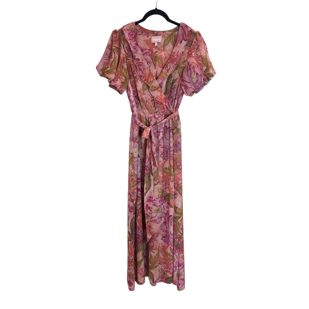 Show Me Your Mumu Floral Verity Maxi Dress Pink Orange Wrap Puff Sleeve Medium